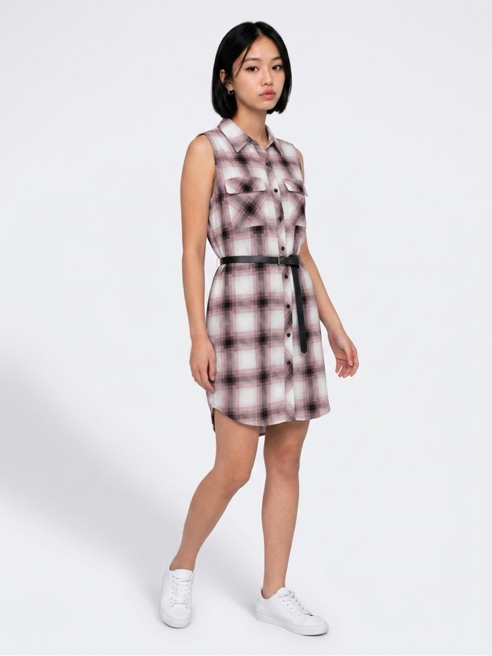 Plaid Sleeveless Shirt Dress in Pink with Belt